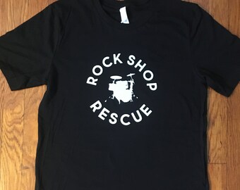 Rock Shop Rescue T-Shirt Drum Kit Logo Punk Rock Pop Metal Band Shirt - Black