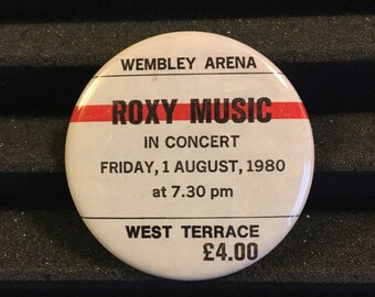 ROXY MUSIC Concert Ticket Stub Pin Button Badge 1980 Wembley Arena UK Tour Rock Glam Pinback