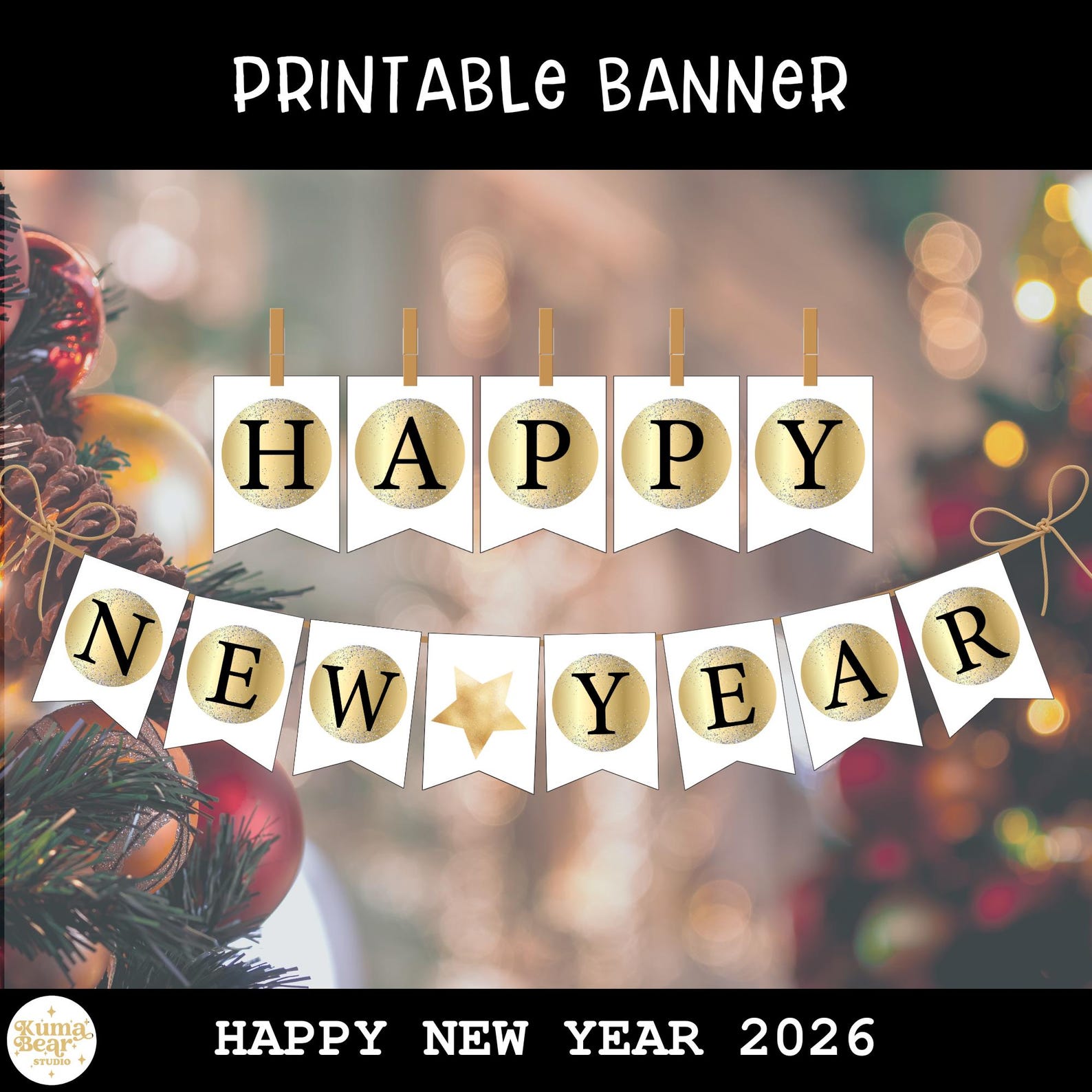 New Year 2026 Banner Printable Black & Gold Confetti Bunting New Years ...