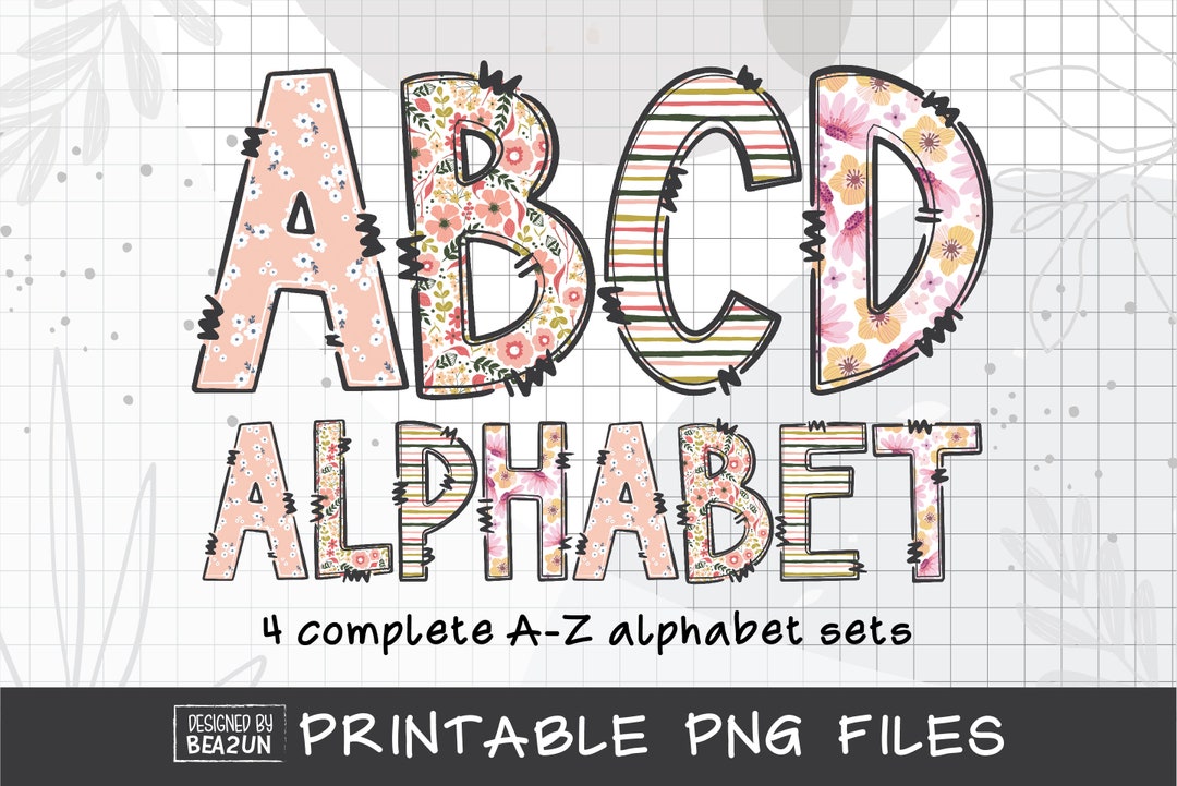 Floral Doodle Alphabet Bundle, Flower PNG Letters, Vintage Alphabet PNG ...