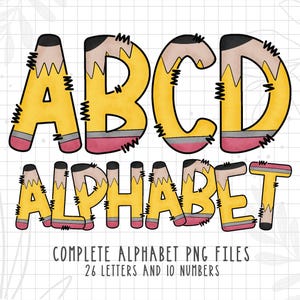 Letras do alfabeto com rabiscos escolares a lápis PNG, letras e números desenhados à mão a lápis PNG sublimação, clipart de materiais escolares de volta às aulas