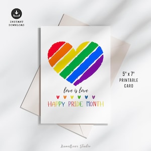 LGBTQ Pride afdrukbare, Pride Month-wenskaart, LGBTQ Rainbow Heart Love is Love-kaart, Happy Pride Month afdrukbare kaart direct downloaden