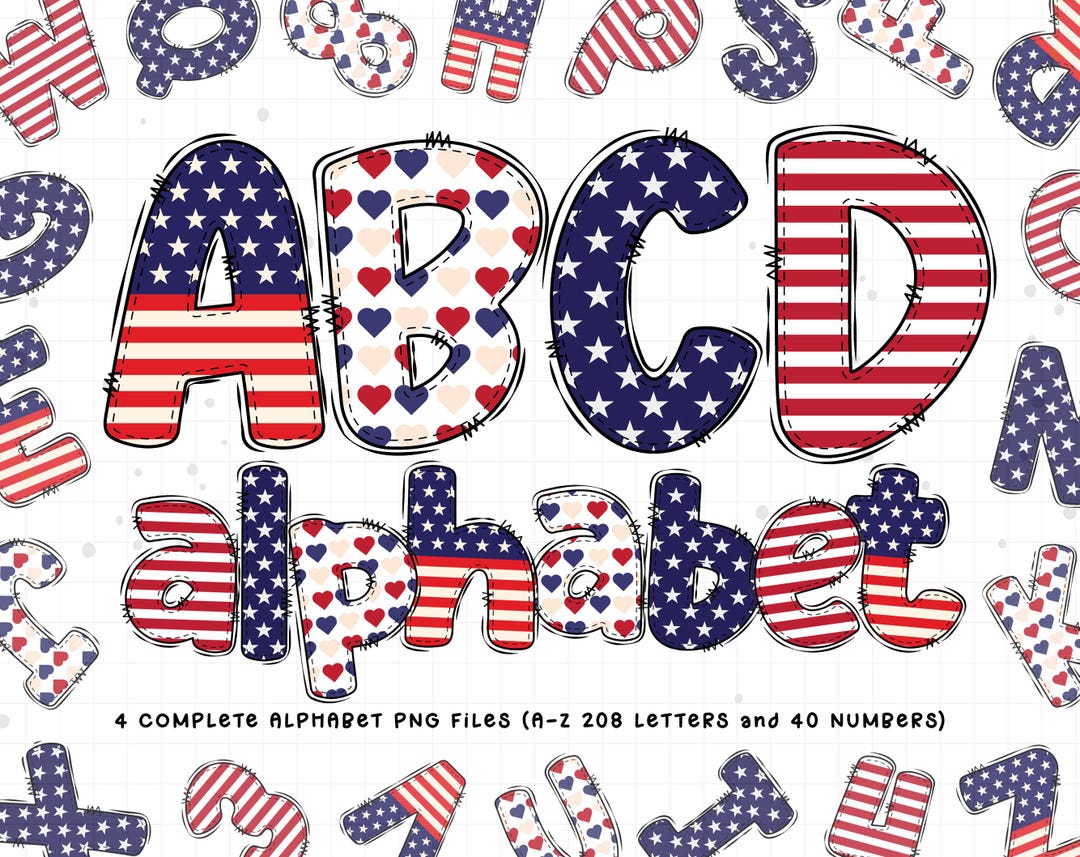4th of July Alphabet PNG Sublimation, Patriotic Doodle Alphabet Letters ...