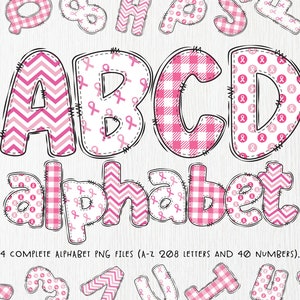 Pacote de letras do alfabeto de conscientização sobre o câncer de mama rosa arquivos PNG, Doodle de câncer de mama desenhado à mão letras e números do alfabeto sublimação