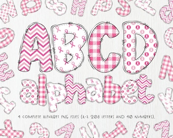 Pink Breast Cancer Awareness  Alphabet Letters Bundle PNG Files, Breast Cancer Doodle Hand Drawn Alphabet Letters & Numbers Sublimation