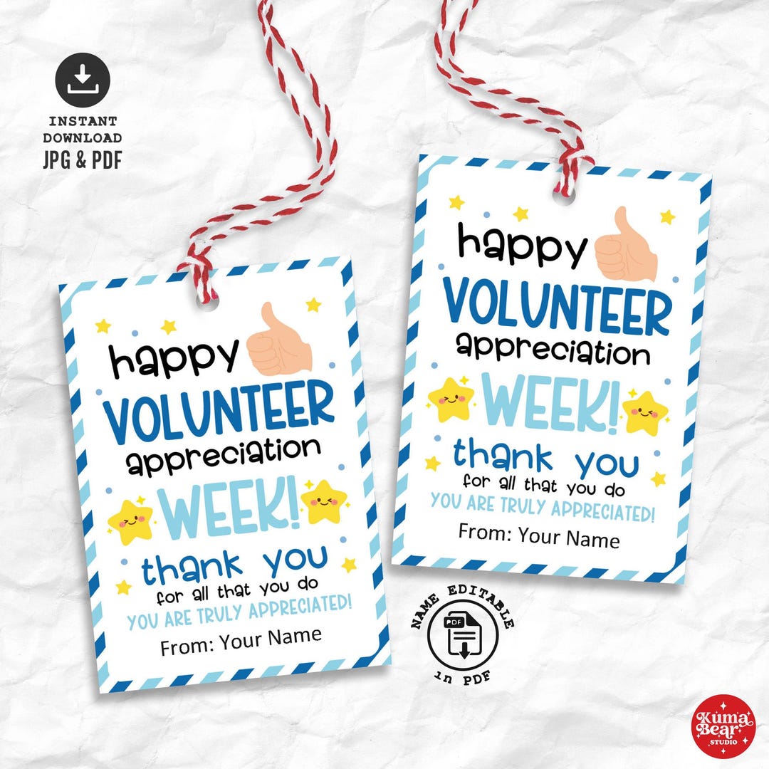 Volunteer Week Gift Tags, Editable Appreciation Thank You Favor Label ...