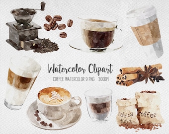 Coffee Watercolor Clipart Coffee Shop Cafe and Pastries Coffee beans Water color Clip Art for Menu Design Blog Cards Digital Download