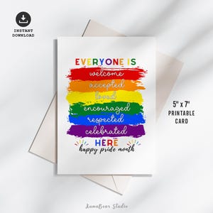 Carte du mois de la fierté imprimable, carte de voeux imprimable fierté LGBTQ, tout le monde est le bienvenu ici, l'amour c'est l'amour, l'amour gagne carte, carte du jour de la fierté