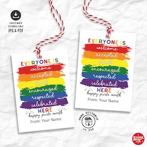 印刷可能なプライド月間ギフトタグ、誰もが歓迎されるLGBTQレインボータグ、愛は愛、インクルージョン、多様性、平等、好意ラベル