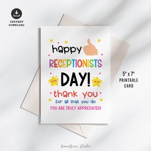 Cartão para imprimir para o Dia da Recepcionista, Cartão de Feliz Dia da Recepcionista, Cartão de Agradecimento, Recepção, Cartão de Agradecimento para o Pessoal Administrativo