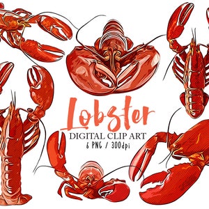Lobster Clip Art Lobster Seafood Clip Art Lobster Graphic Art Set Food Clipart  for Scrapbooking Card Making Cupcake Toppers Paper Craft