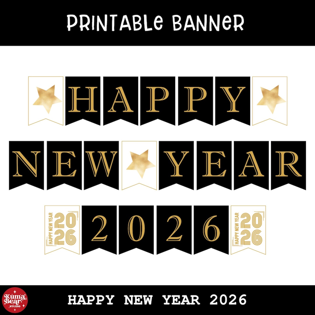 Happy New Year 2026 Printable Banner, Elegant Black Gold New Years Eve
