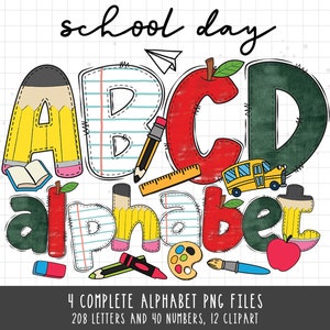 School Doodle Alphabet Bundle, School PNG Letters, Numbers & Accessories, Teacher Alphabet, School PNG Sublimation, School Supplies Clipart