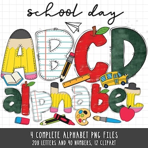Schule Doodle Alphabet Bundle, Schule PNG Buchstaben, Zahlen & Zubehör, Lehrer Alphabet, Schule PNG Sublimation, Schulbedarf Clipart