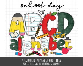 School Doodle Alphabet Bundle, School PNG Letters, Numbers & Accessories, Teacher Alphabet, School PNG Sublimation, School Supplies Clipart
