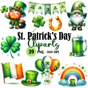 Imágenes prediseñadas del día de San Patricio, gnomo lindo, duende, trébol, imágenes prediseñadas irlandesas, paquete de imágenes prediseñadas del día de San Patricio en acuarela, olla de oro con arcoíris