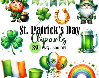 St. Patrick's Day Clipart, Cute Gnome, Leprechaun, Shamrock, Irish Clip Art, Watercolor St Patricks Day Clip Art Bundle, Rainbow Pot of Gold