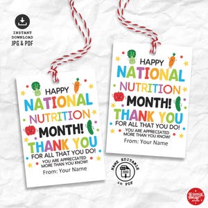 Afdrukbaar label nationale voedingsmaand, cadeaulabel voedingsmaand, geregistreerde diëtist voedingsdeskundige dag afdrukbare label, cadeaulabel voedingsdeskundige