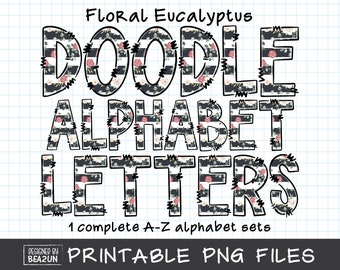 Floral Eucalyptus Alphabet PNG, Flower Alphabet Sublimation, Floral Alphabet Letters Bundle, Eucalyptus Alphabet Clipart Doodles Design