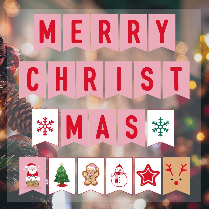 Pink Christmas Banner Garland - Printable Holiday Party Bunting Flags ...