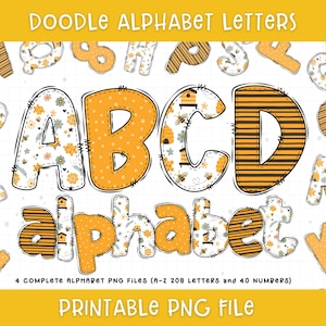 Letras do alfabeto com tema de abelha, alfabeto floral de abelha em PNG, letras e números, clipart de letras desenhadas à mão para primavera, decoração de sala de aula