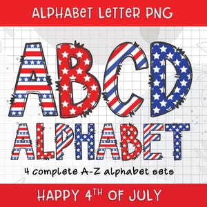 Patriottische Alfabetletters, Stars and Stripes A tot Z PNG Letters & Cijfers, Fourth of July-sublimatiealfabet, USA vlag Letters Clipart