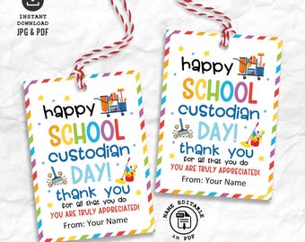 School Custodian Appreciation Gift Tag Printable Editable Staff Thank You Tag (Digital Download)