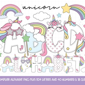 Unicornio PNG, Letras de Unicornio, Diseños para Niños, Sublimación de Unicornio, Alfabeto de Doodle de Unicornio, Imágenes Prediseñadas de Unicornio Arco Iris, Fuente de Unicornio PNG