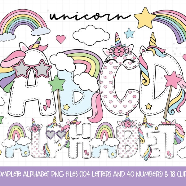Unicorn PNG, Unicorn Letters, Kids Designs, Unicorn Sublimation, Unicorn Doodle Alphabet, Rainbow Unicorn Clipart, Unicorn Font PNG