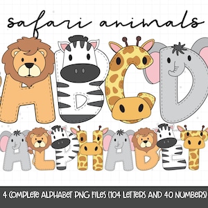 Lettere dell'alfabeto degli animali, Lettere e numeri di Doodle degli animali da fattoria, Sublimazione degli animali da Safari, Alfabeto di clipart Mucca Leone Elefante Giraffa PNG