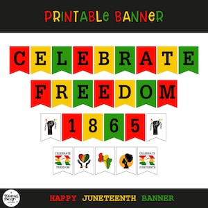 May include: A printable banner featuring the text CELEBRATE FREEDOM 1865 in black letters on red, yellow, and green pennants. Additional white pennants display illustrations of raised fists with chains, a heart, a map, and a silhouette profile.