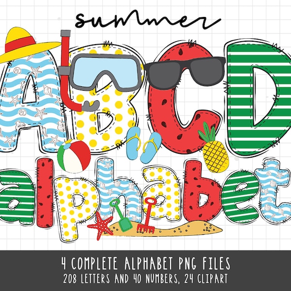 Summer Alphabet PNG, Summer Doodle Alphabet Bundle, Summer PNG Letters, Numbers & Accessories, Summer Beach Letters, Sublimation Design