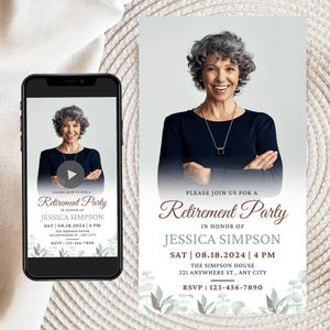 Faire-part de retraite modifiable avec photo, Faire-part de retraite minimaliste, modèle d'invitation à un dîner de départ à la retraite animé numérique