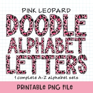 Pink Leopard Doodle Alphabet Letters, Pink Leopard Alphabet PNG Sublimation, Animal Print Letters PNG, Cheetah Alphabet Clipart Design