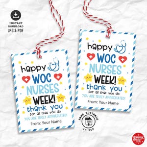 Puede incluir: Dos etiquetas de regalo imprimibles con borde azul y blanco, con el texto "Happy WOC Nurses Week!" y "Thank you." Las etiquetas incluyen un estetoscopio, corazones y estrellas. Las etiquetas son personalizables.