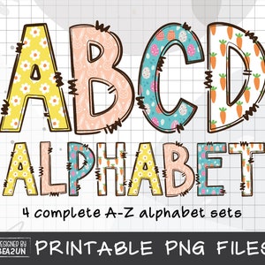 Easter Alphabet Letters PNG Bundle, Easter Eggs, Spring Floral, Easter Bunny, Hand Drawn Doodle, Carrot Sublimation Alpha PNG Designs