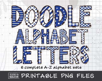 Blue and White Alphabet Letters PNG Bundle, Alphabet PNG, Alphabet Sublimation, Hand Drawn Doodle Letters PNG, Blue Alphabet Clipart Designs