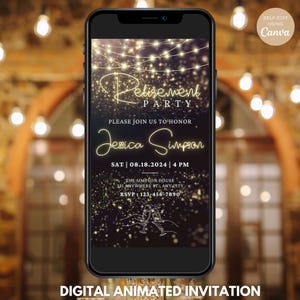 Faire-part de départ à la retraite, modèle modifiable d'invitation à une fête de départ à la retraite, carte d'invitation élégante à paillettes scintillantes en or noir et blanc pour le dîner de départ à la retraite
