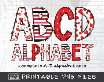 Valentines Alphabet PNG, Alphabet Sublimation, Alphabet Letters Bundle, Love Alphabet Letters PNG, Alphabet Clipart Doodles