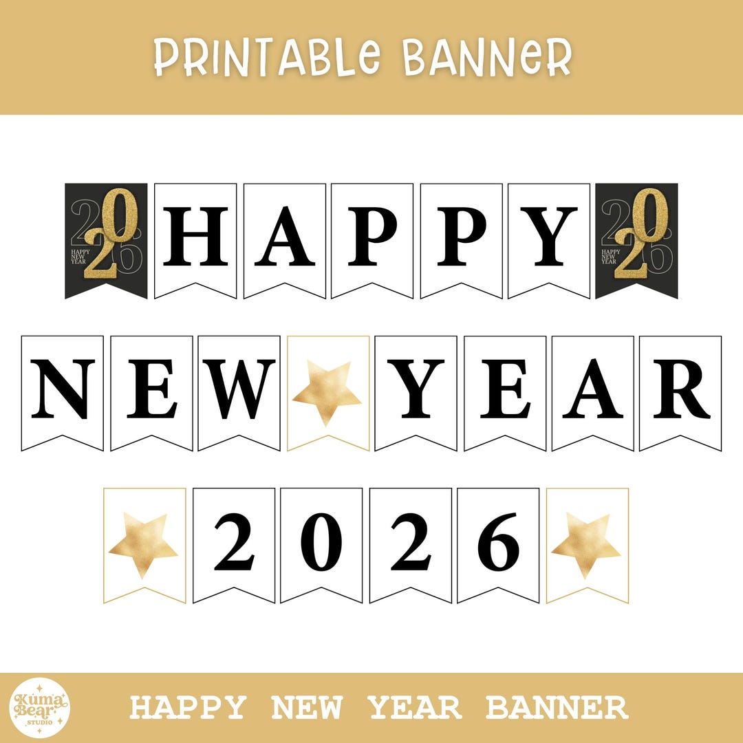 Happy New Year 2026 Printable Banner, Black Gold Party Garland Decor - Etsy