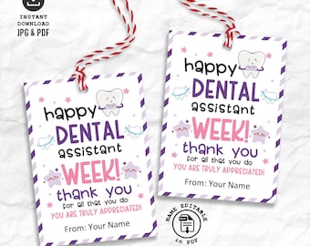 Dental Assistant Gift Tag, Happy Dental Assistants Recognition Week Printable Tags Editable