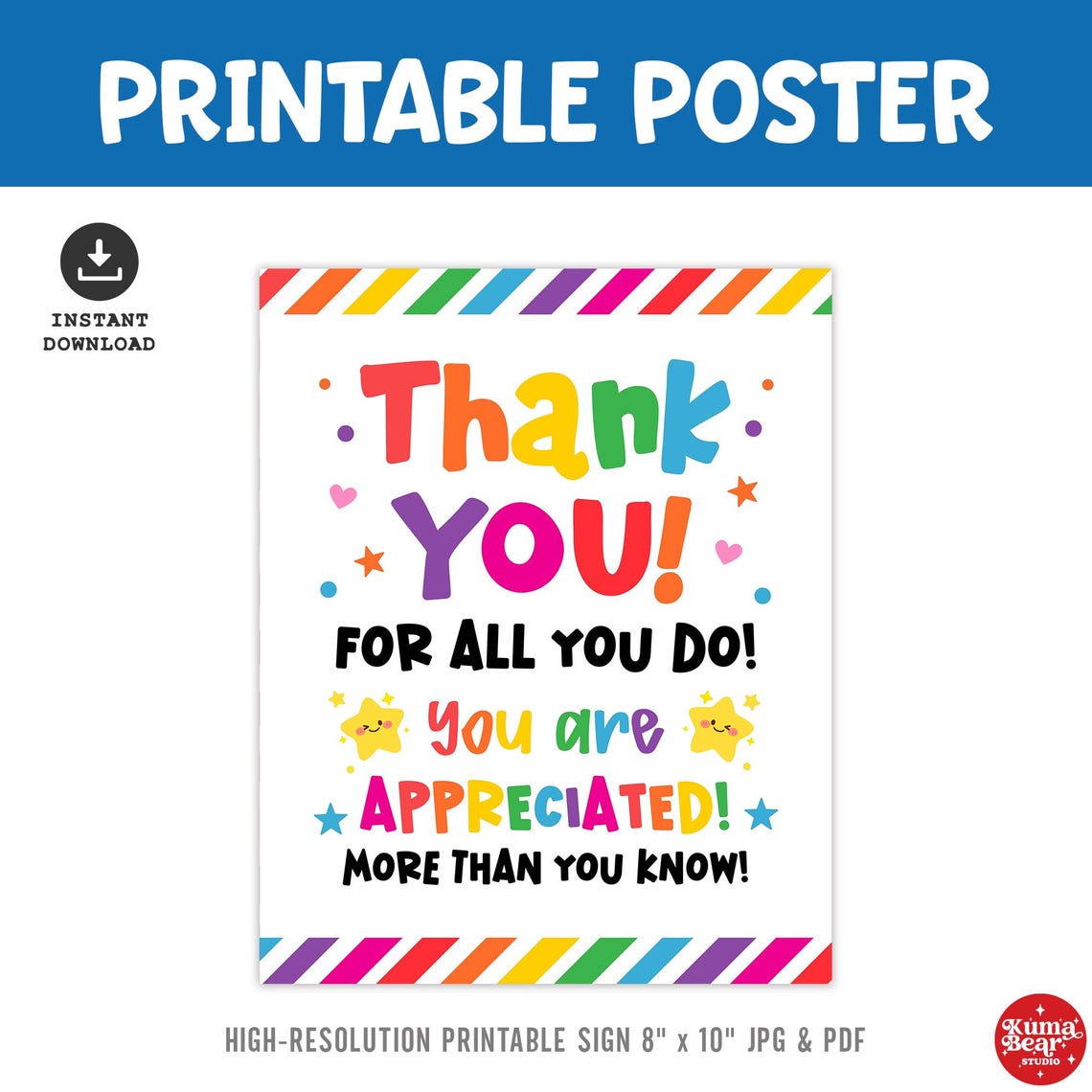 Appreciation Sign, Thank You Poster Printable for Volunteer Coworker ...
