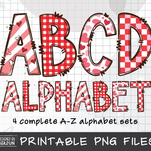 White and Pink Alphabet PNG, Alphabet Sublimation, Alphabet Letters Bundle, Valentines Alphabet Letters PNG, Alphabet Clipart Doodles