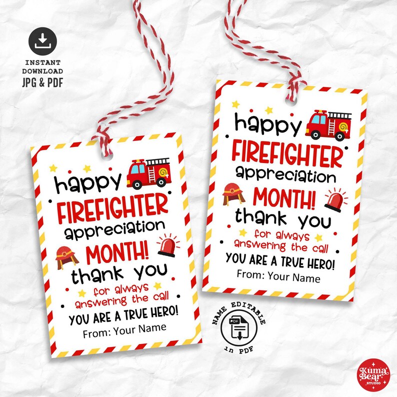 Firefighter Appreciation Gift Tags: Printable Thank You Tags (PDF & JPG ...