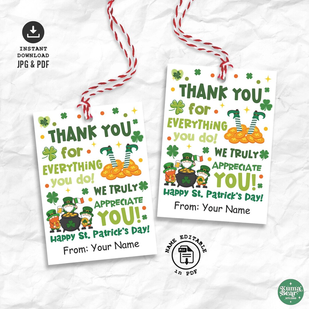 St Patricks Day Thank You Gift Tag, Teacher Staff Employee Appreciation ...