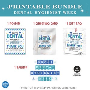Pacote para impressão da Semana do Higienista Dental, Placa da Semana do Higienista Dental, Etiqueta para presente do higienista dental, Cartão de agradecimento à equipe de higiene