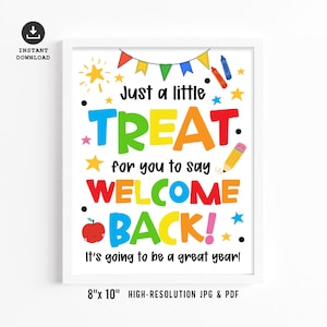 May include: A rectangular printable sign featuring the text Just a little TREAT for you to say WELCOME BACK! It's going to be a great year! The design includes colorful school-themed graphics like a red apple, a pencil, crayons, and stars.