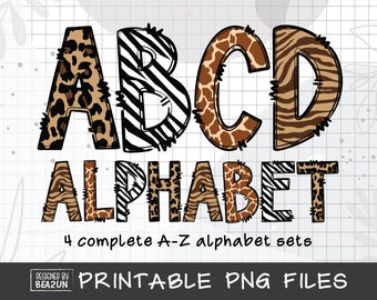 Safari Animals Skin Alphabet PNG, Alphabet Sublimation, Alphabet Letters Bundle, Leopard Alphabet Letter png, Alphabet Clipart Doodles