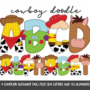 Letras de Doodle de Cowboy, Alfabeto de Cowboy, Clipart de Sublimação de Alfabeto de Desenho Animado PNG, Letras de Brinquedo Fofas PNG, Download Digital