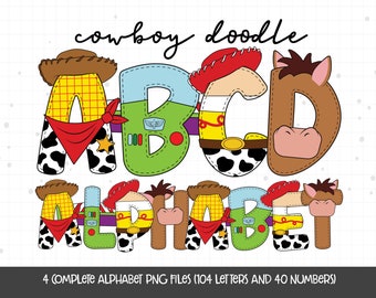 Cowboy Doodle Letters, Cowboy Alphabet, Cartoon Alphabet Sublimation Clipart PNG, Cute Toy Letters PNG, Digital Download